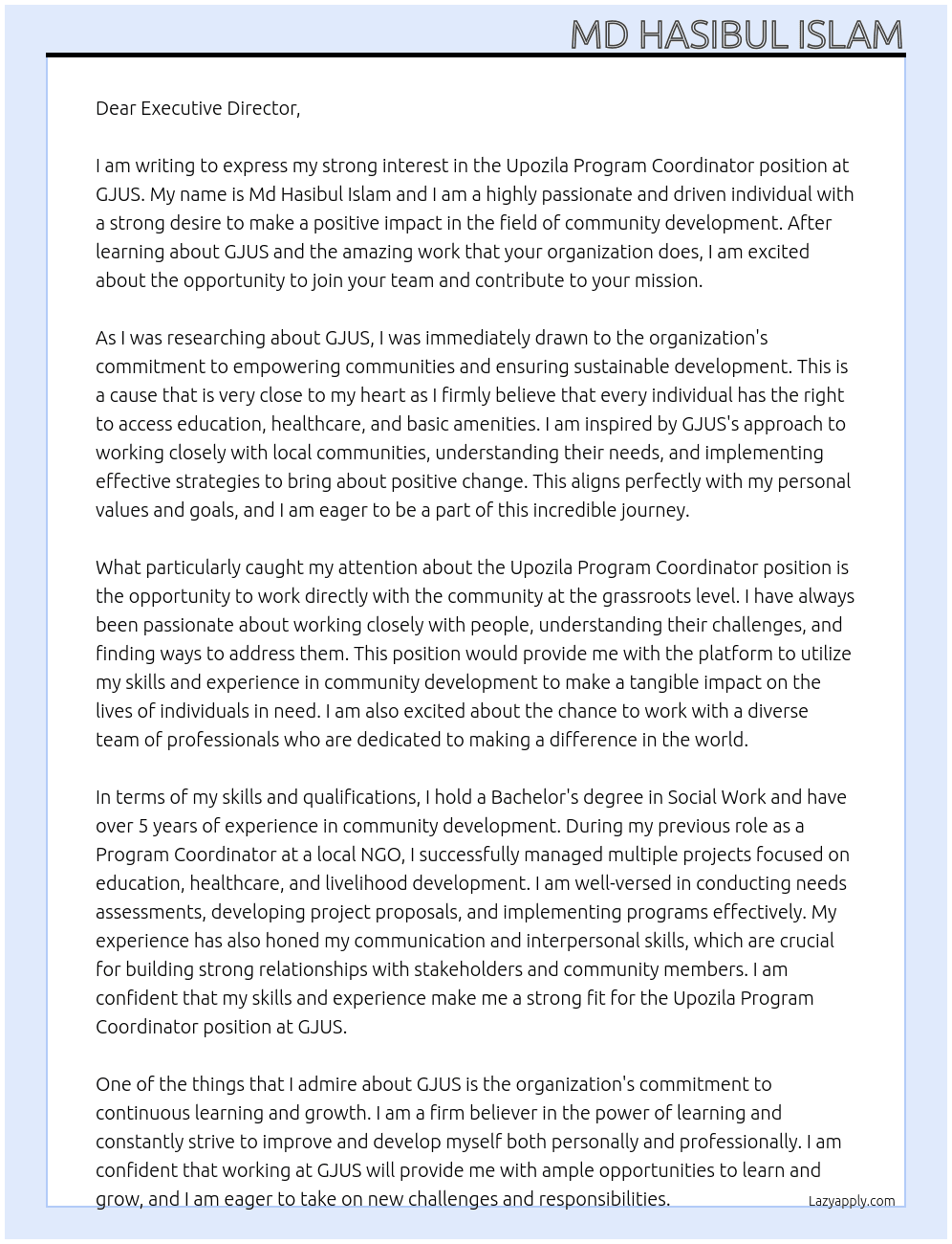 Upozila program coordinator At GJUS Cover Letter