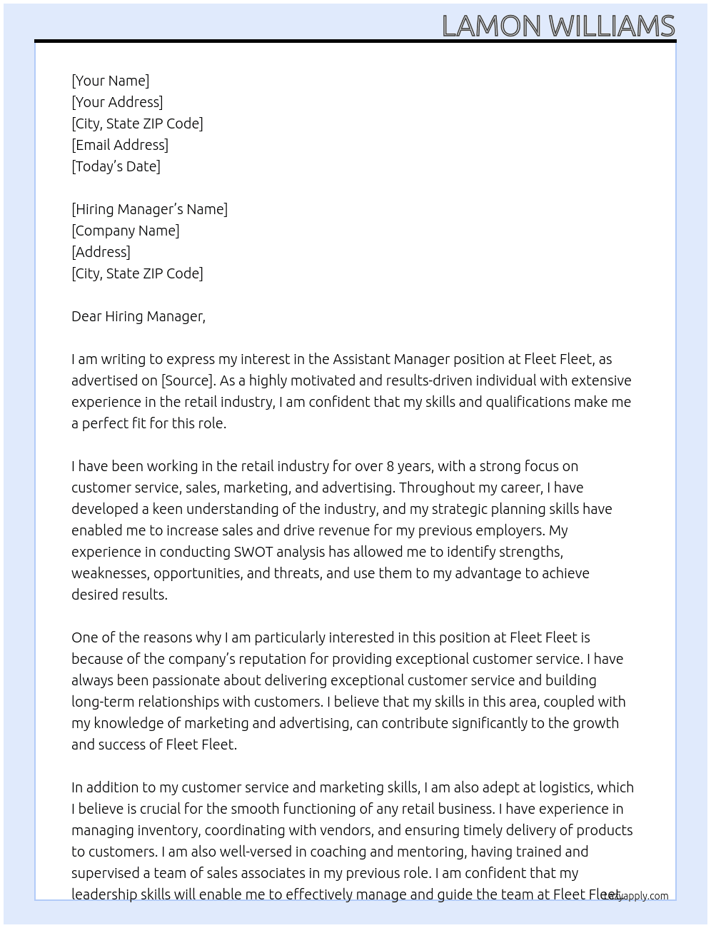 Assistant Manager  At Fleet Fleet Cover Letter