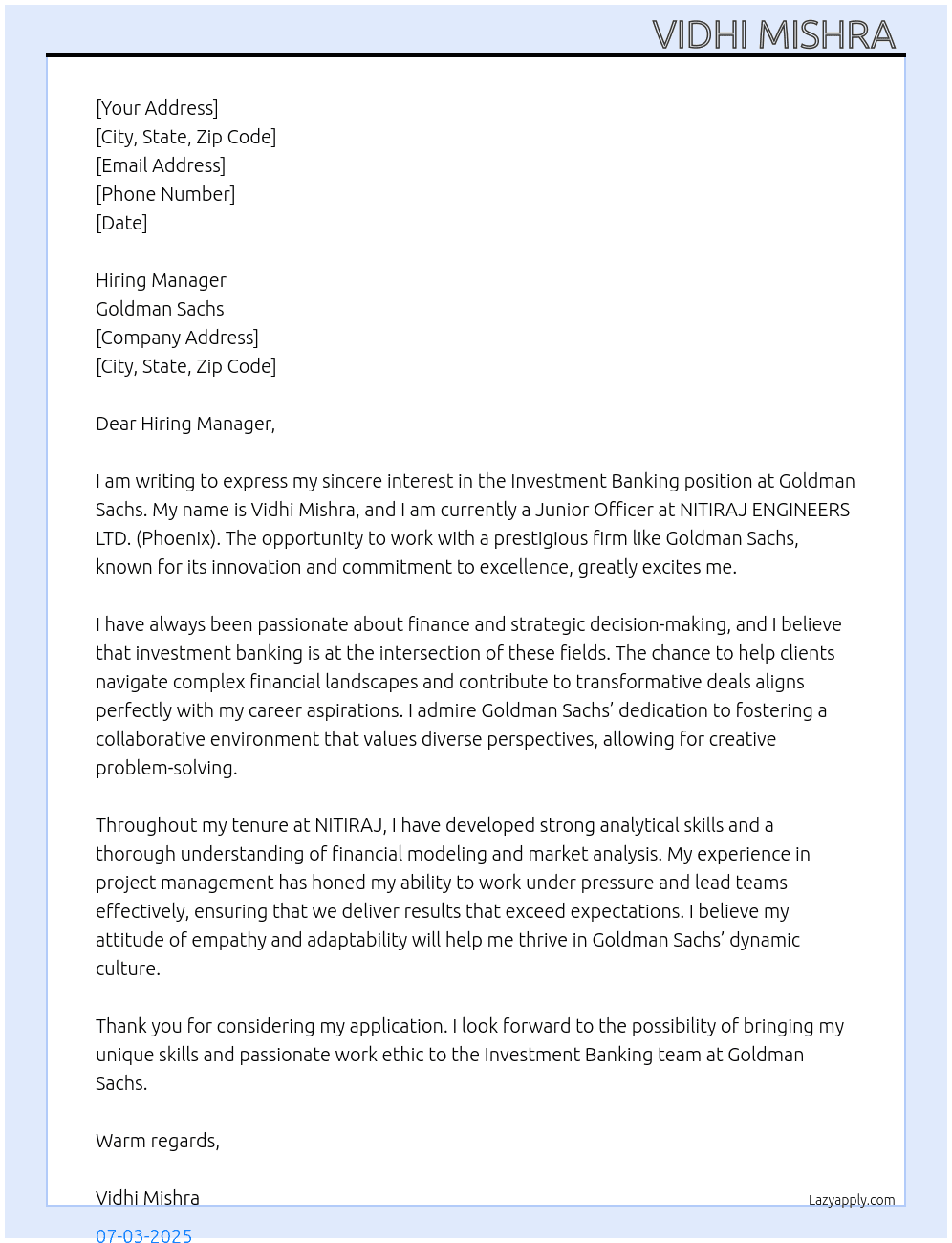 Cover letter for investment banking - LazyApply