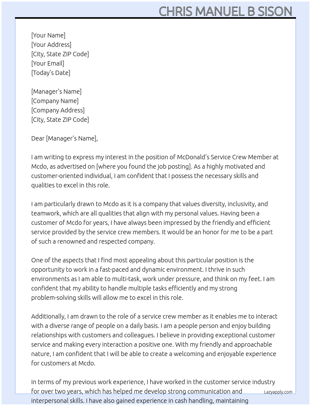 McDonald's Service Crew Member  At Mcdo Cover Letter