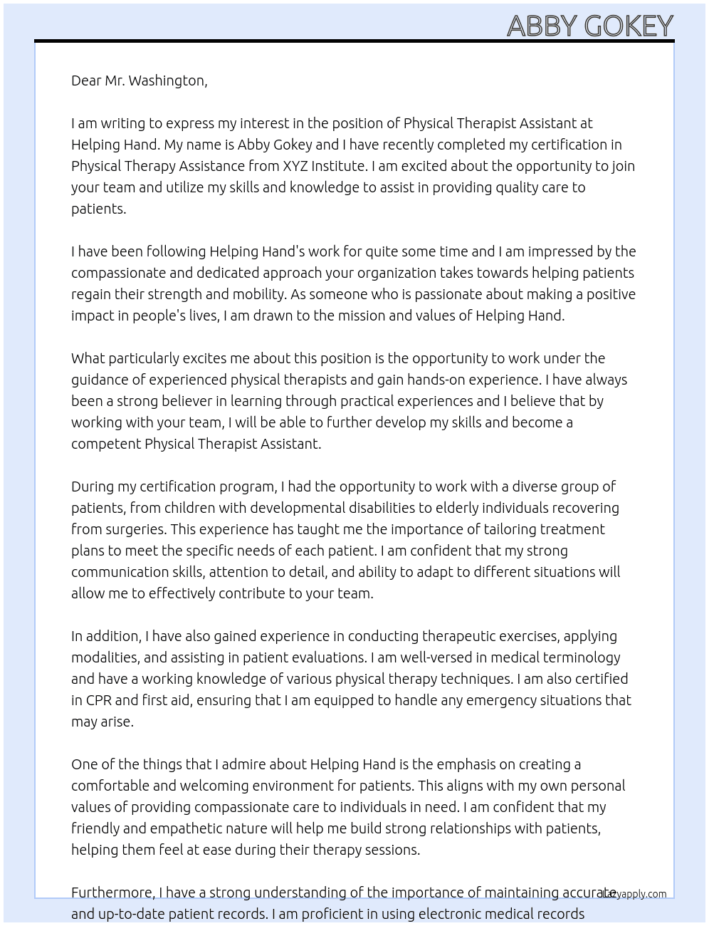 Physical Therapists Asistant At Helping Hand Cover Letter