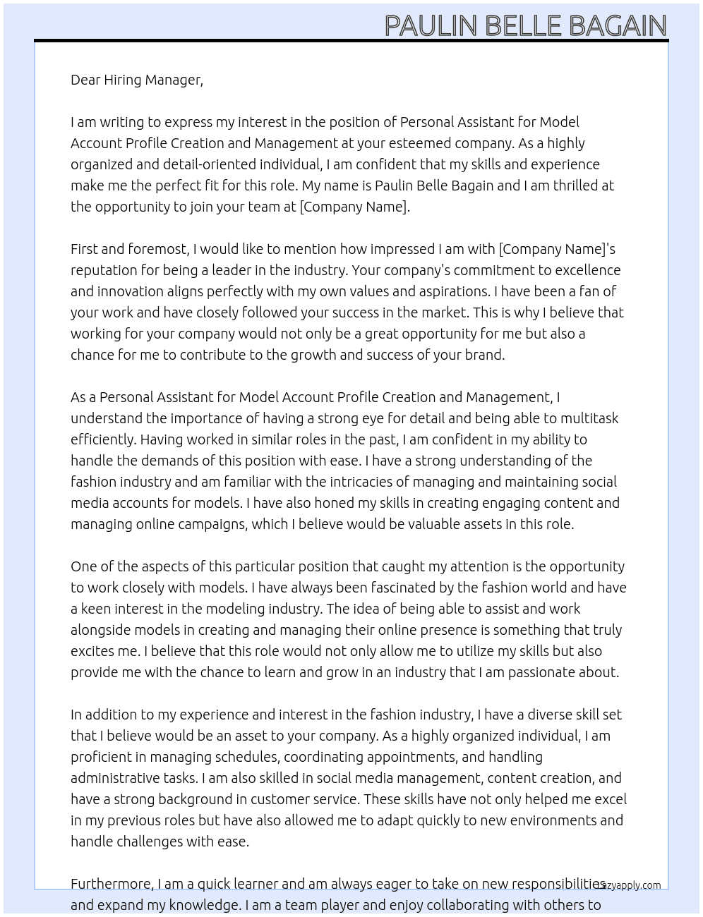 Personal Assistant for Model Account Profile Creation and Management At in your company Cover Letter