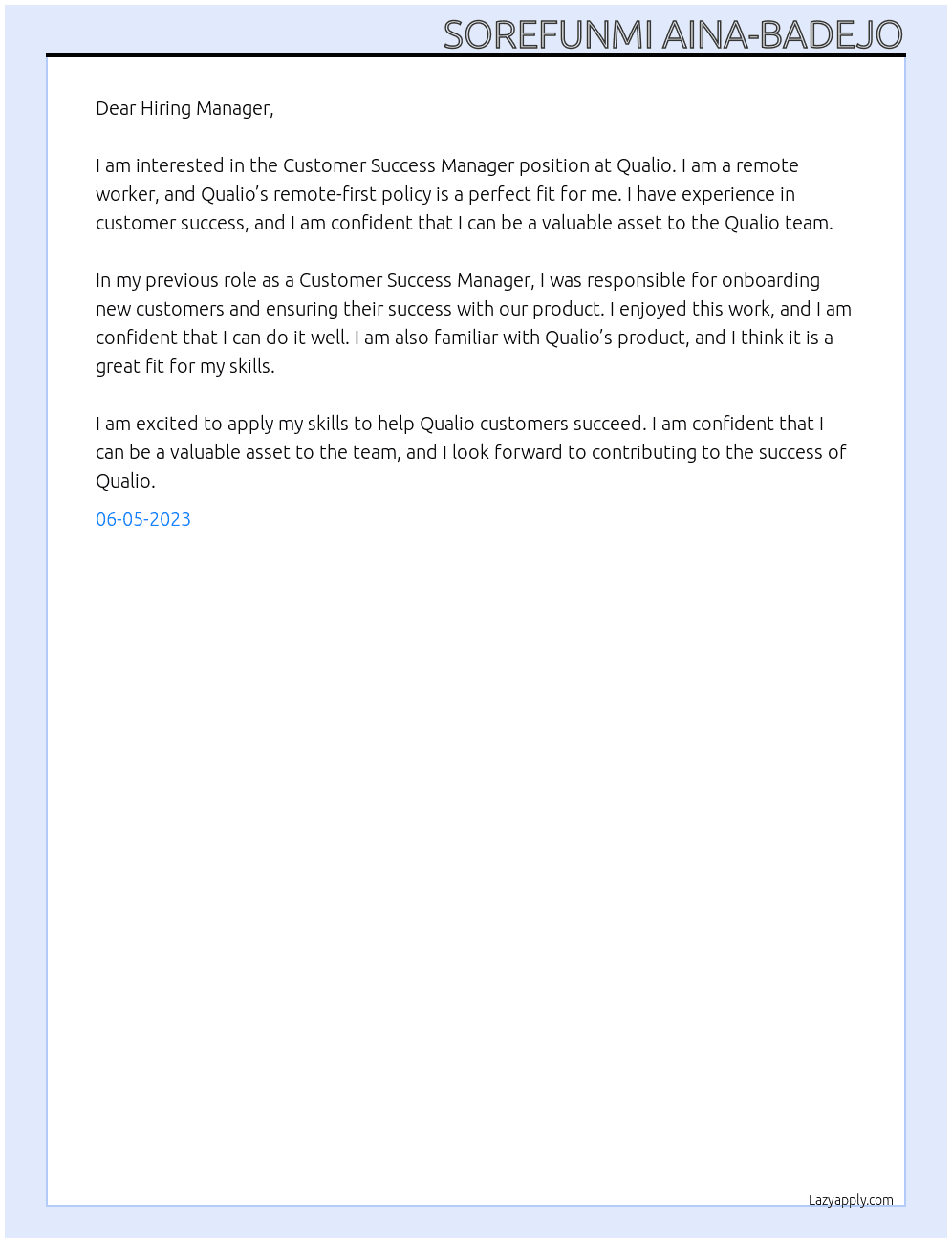 Customer Success Manager At Qualio Cover Letter