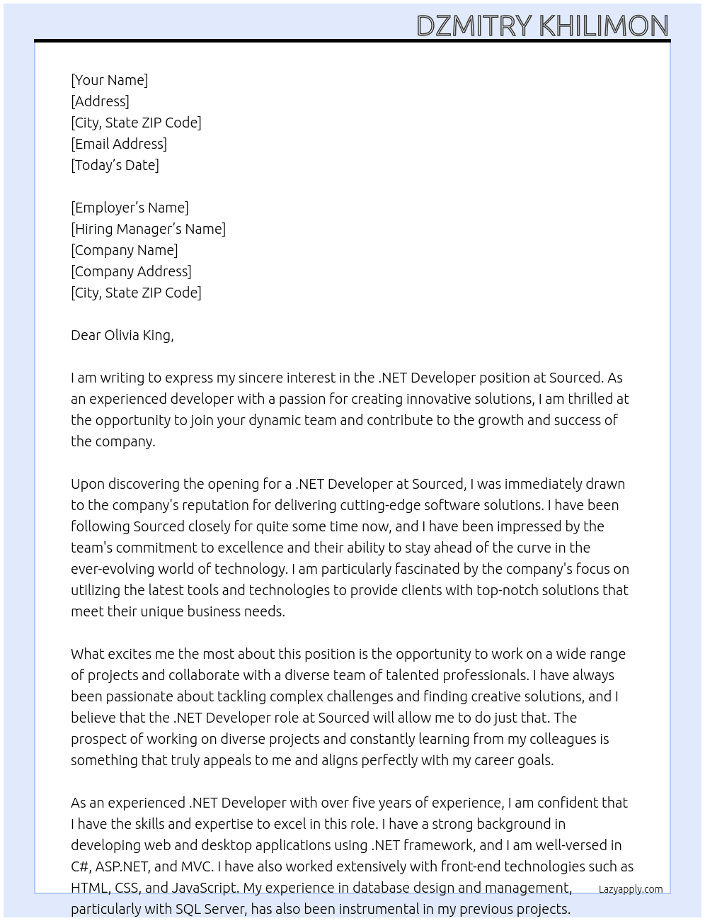 .NET Developer At Sourced Cover Letter