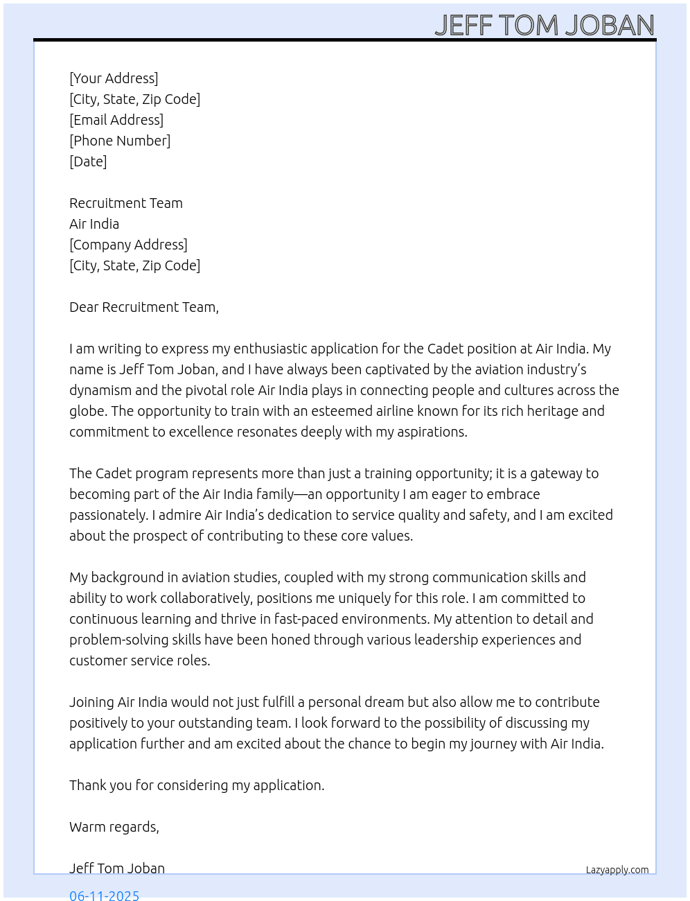 Cadet  At Air India Cover Letter