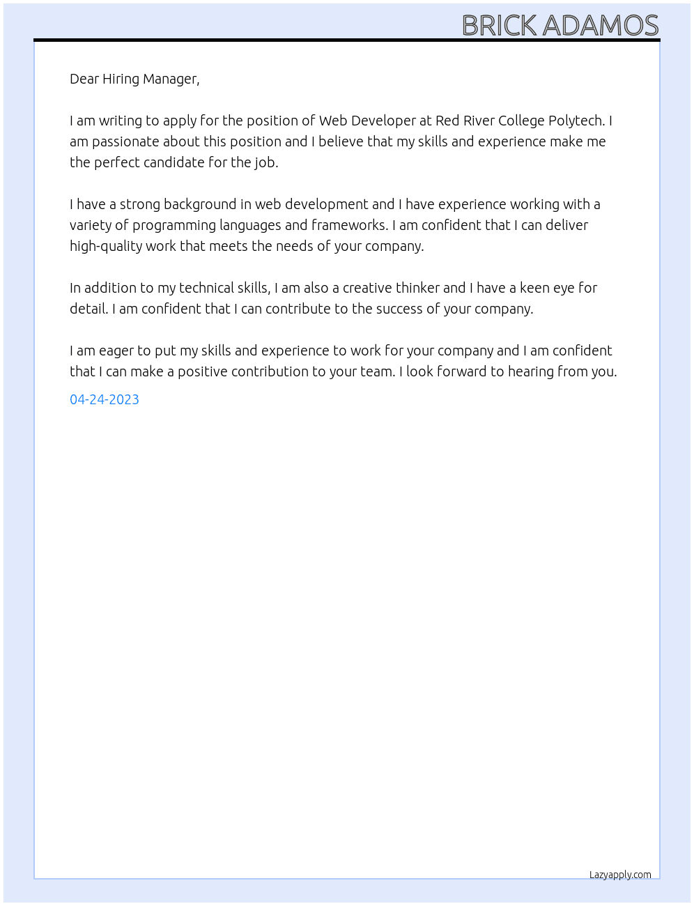 Web Developer At Red River College Polytech Cover Letter
