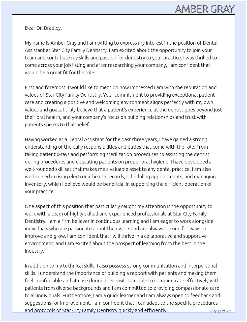 Dental Assistant At Star City Family Dentistry  Cover Letter