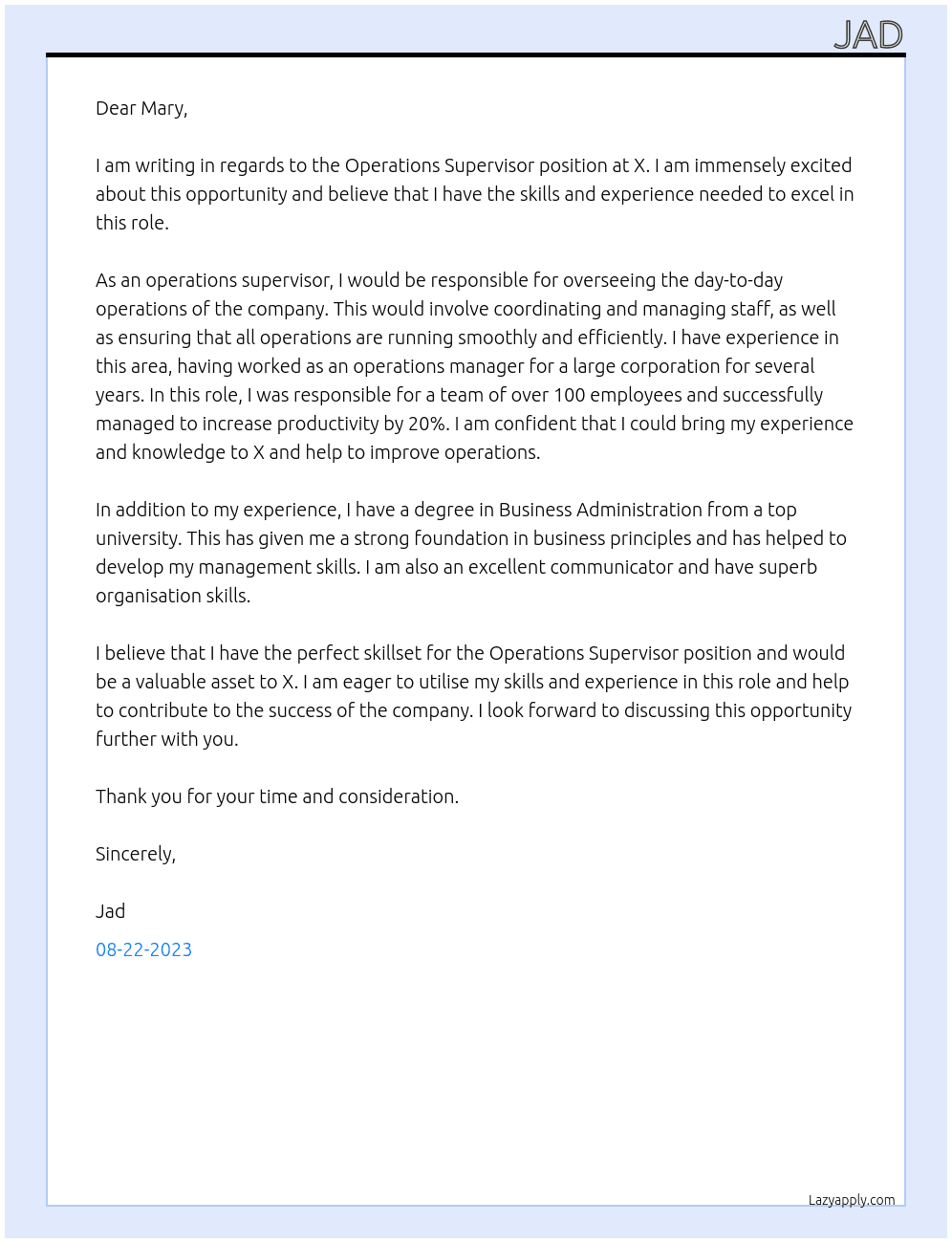 Operations Supervisor At X Cover Letter