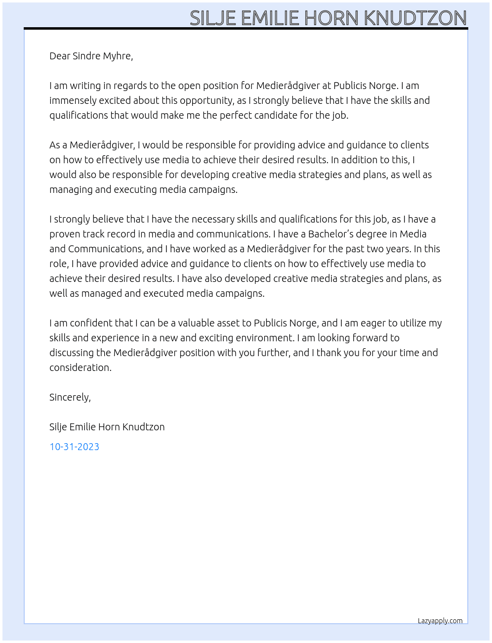 Medierådgiver At Publicis Norge Cover Letter