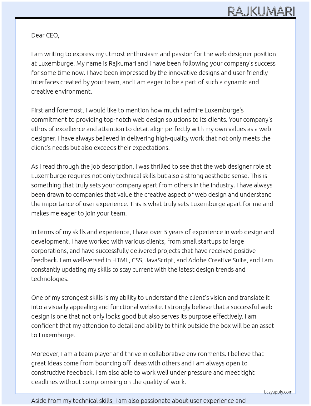 web designer At luxemburge Cover Letter