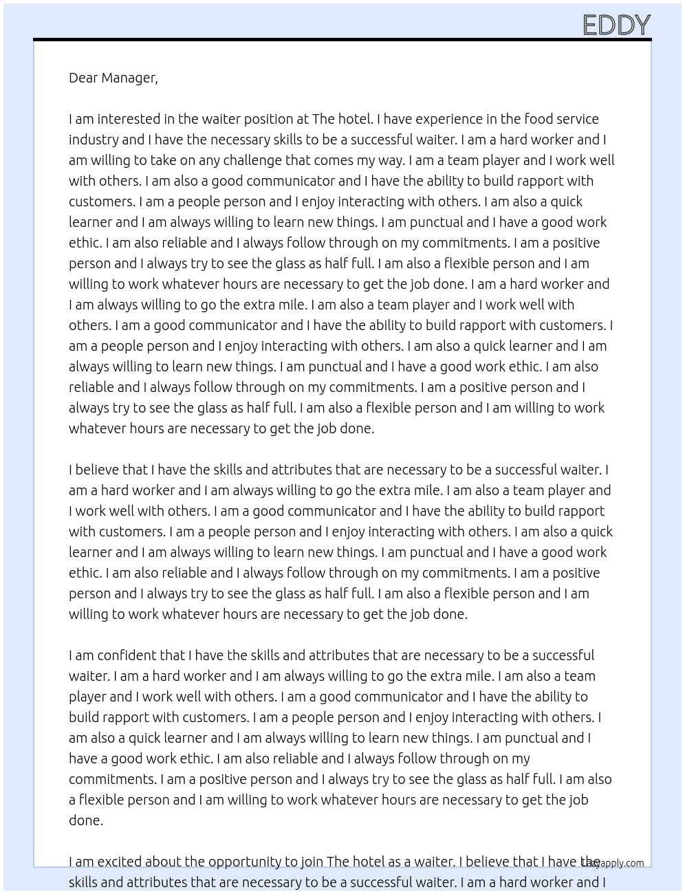 Waiter At The hotel Cover Letter