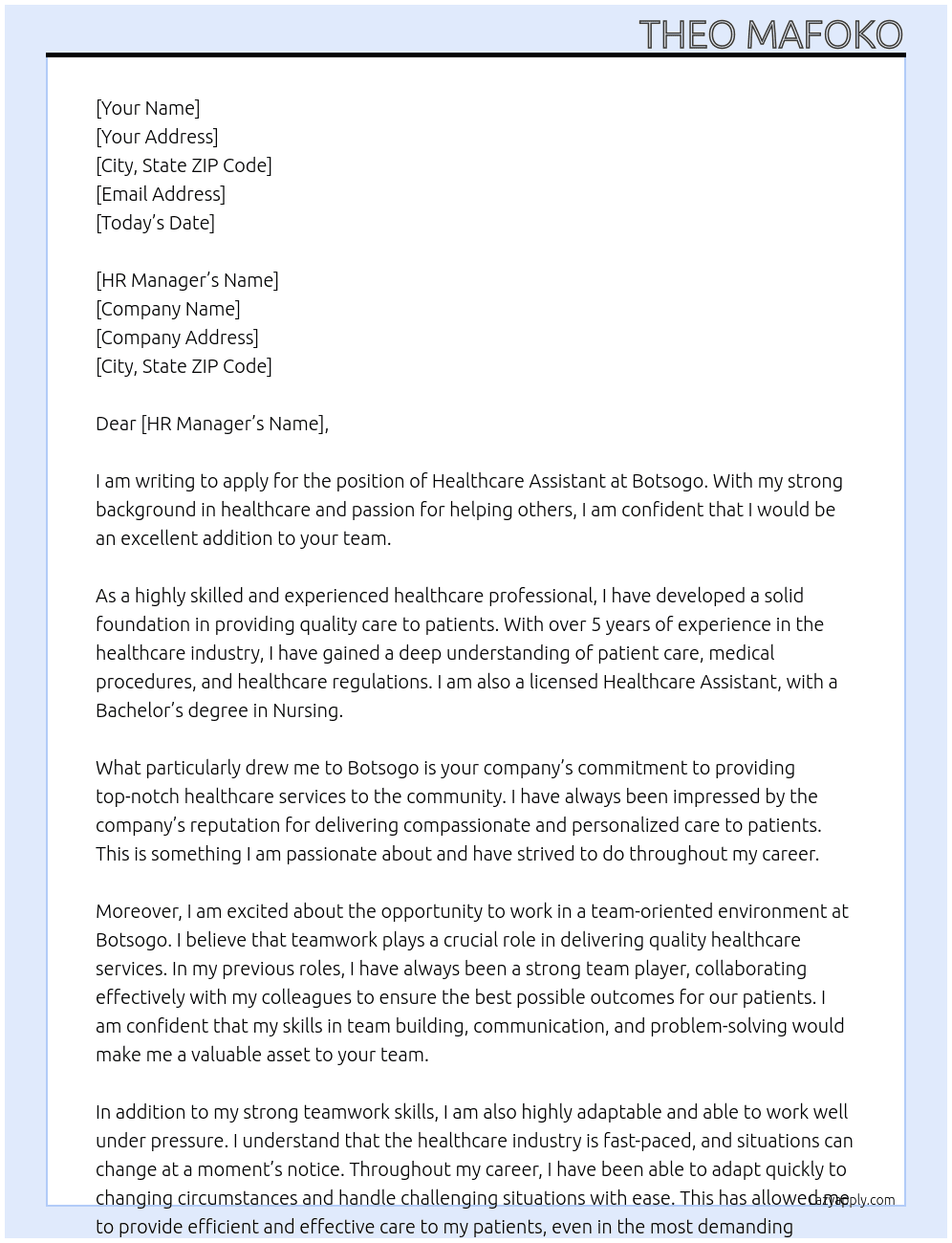 Healthcare Assistant  At Botsogo Cover Letter