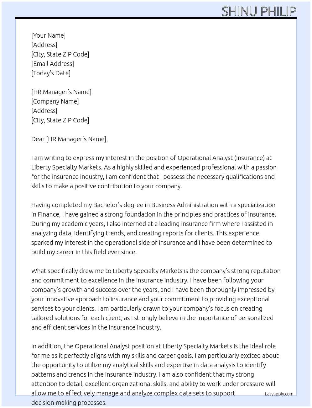 Operational Analyst (Insurance) At Liberty Specialty Markets Cover Letter