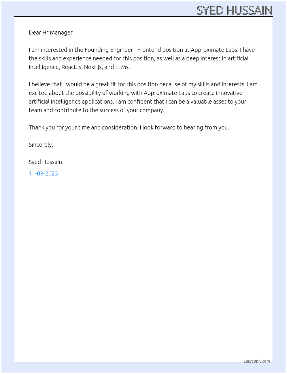 Founding Engineer - Frontend At Approximate Labs Cover Letter