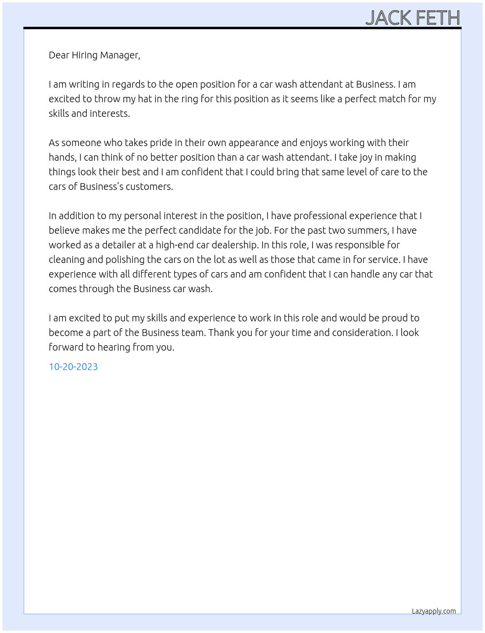 Car Wash Attendant At Business Cover Letter