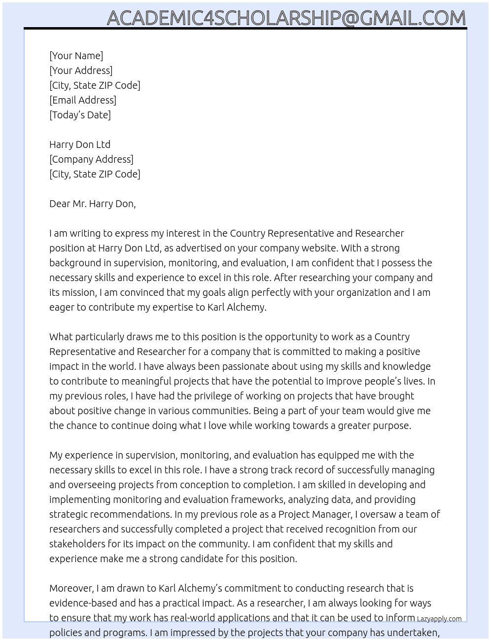 Country Representative and Researcher  At Karl Alchemy Cover Letter