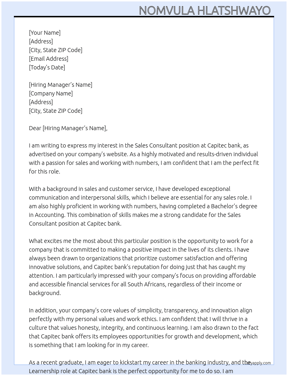 Sales Consultant  At Capitec bank Cover Letter