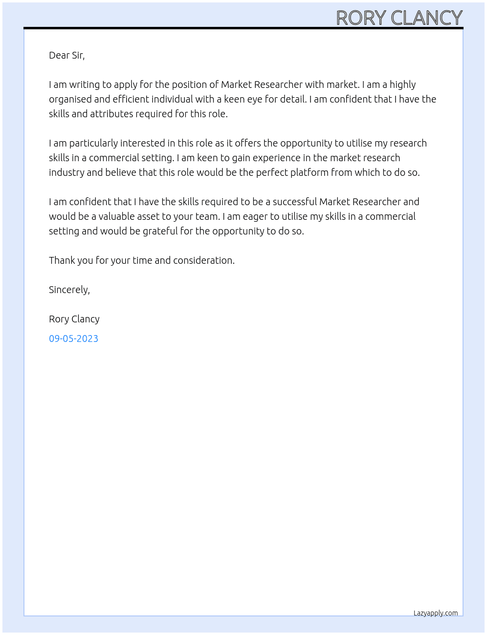 Market researcher At market   Cover Letter