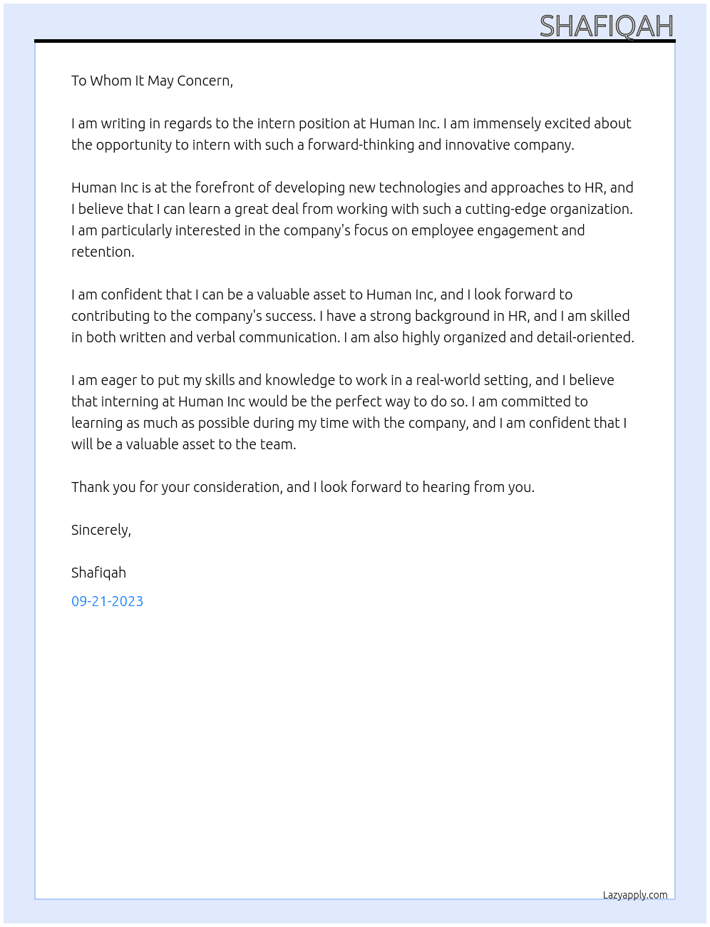 intern At human inc Cover Letter