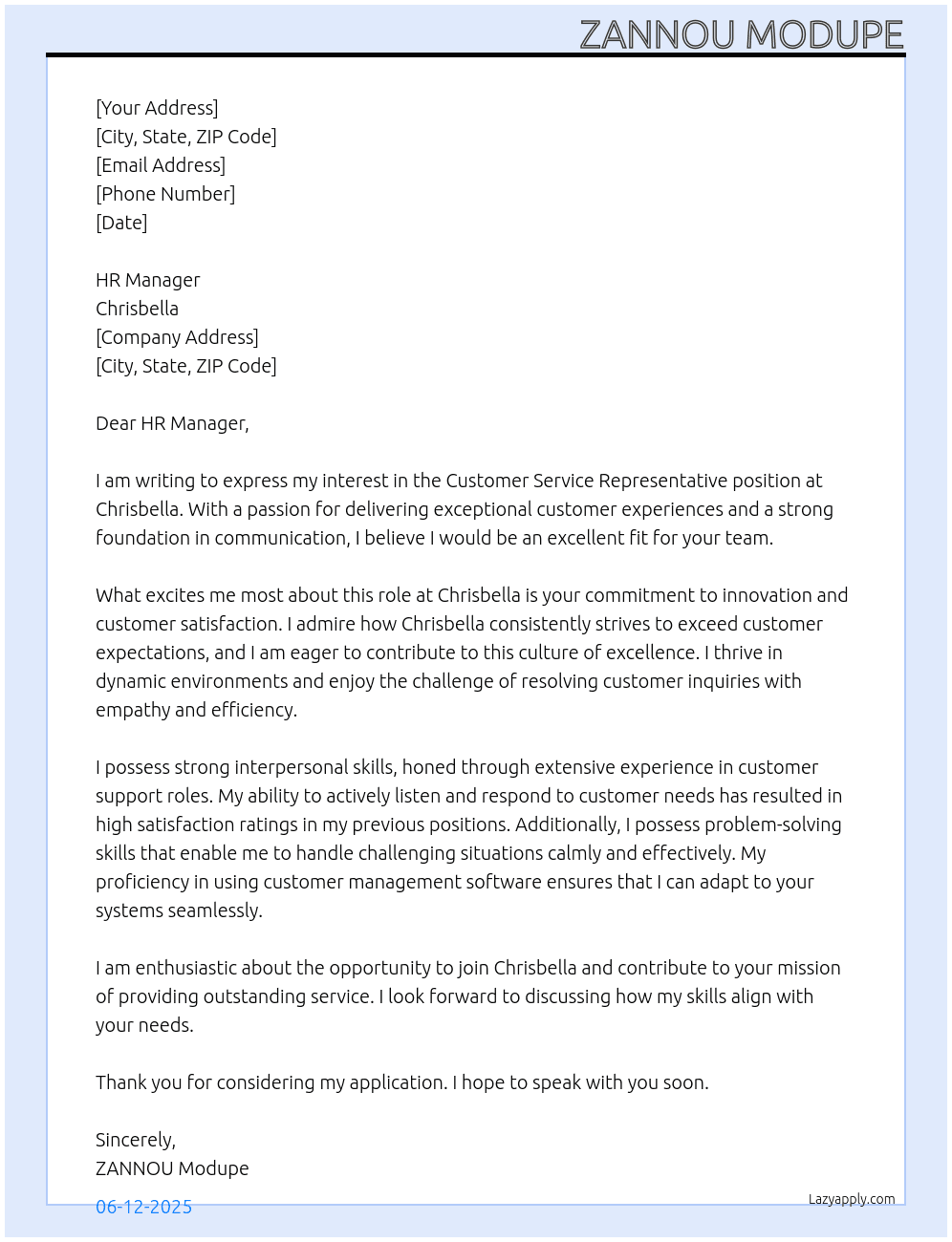 Customer service representative  At Chrisbella Cover Letter
