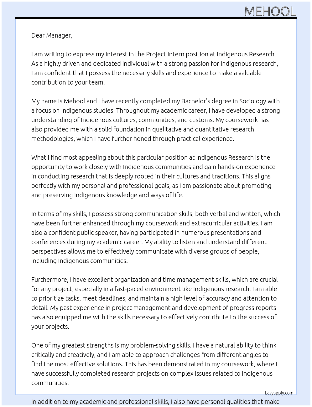 project intern At indigenous research Cover Letter
