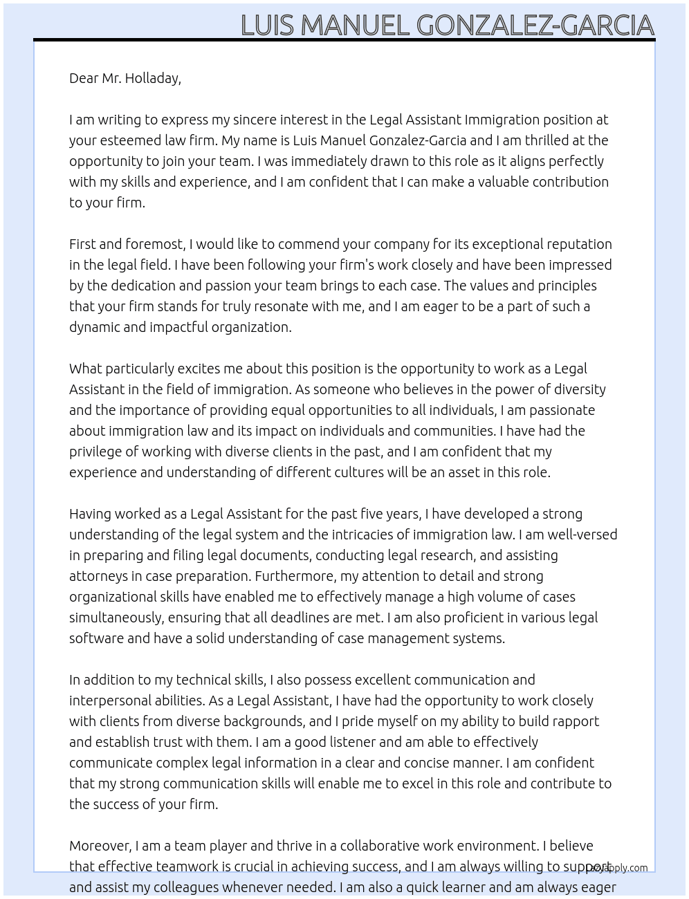 Legal Assistant Imagration At lawfirm Cover Letter