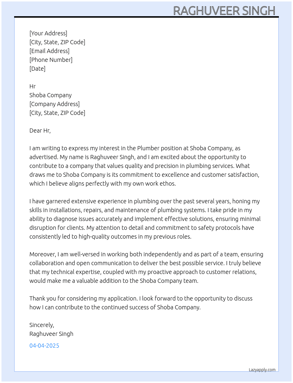 Plumber At Shoba company Cover Letter