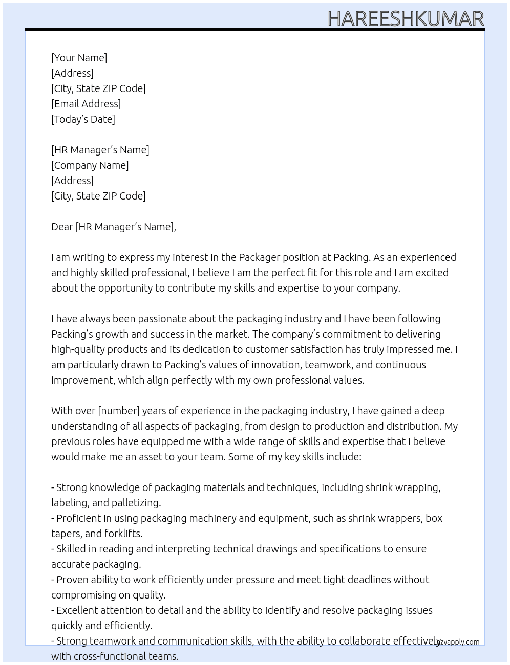 Packager At Packing  Cover Letter