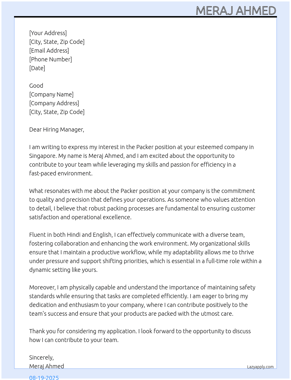 Packer At Singapore any company  Cover Letter