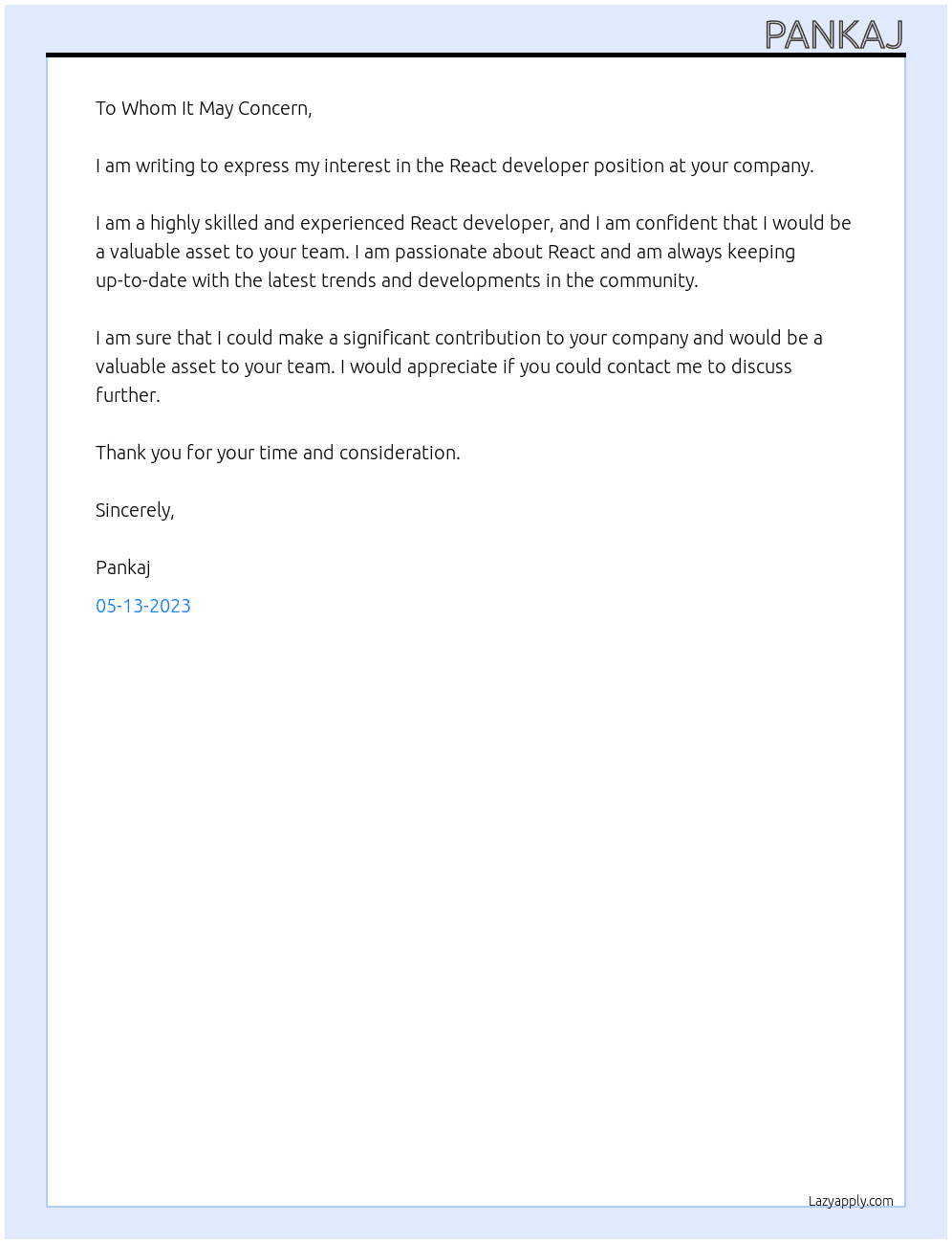 React developer At rephrase Cover Letter