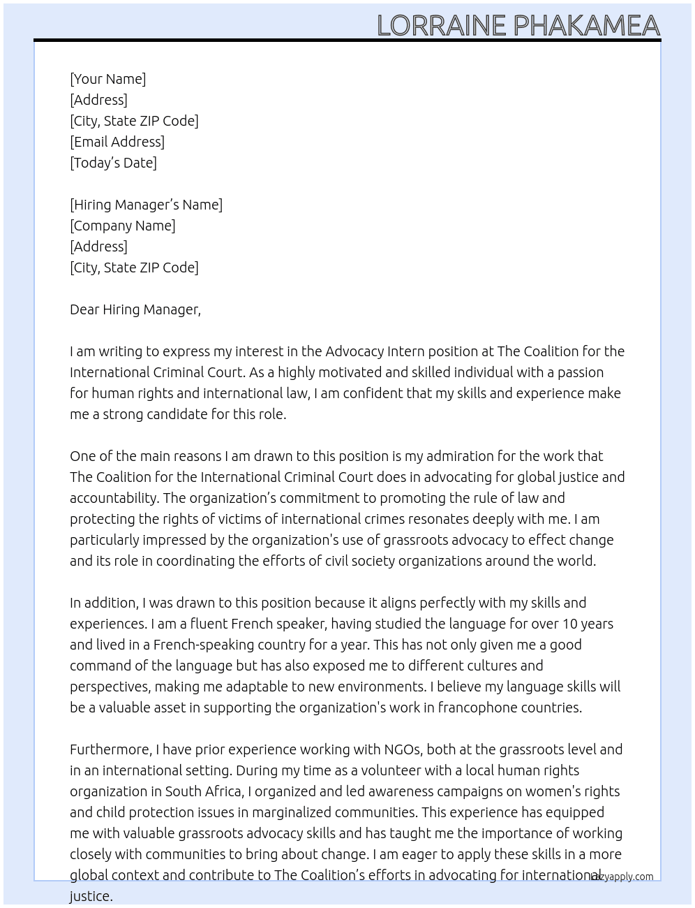 Advocacy Intern At The Coalition for the International Criminal Court Cover Letter