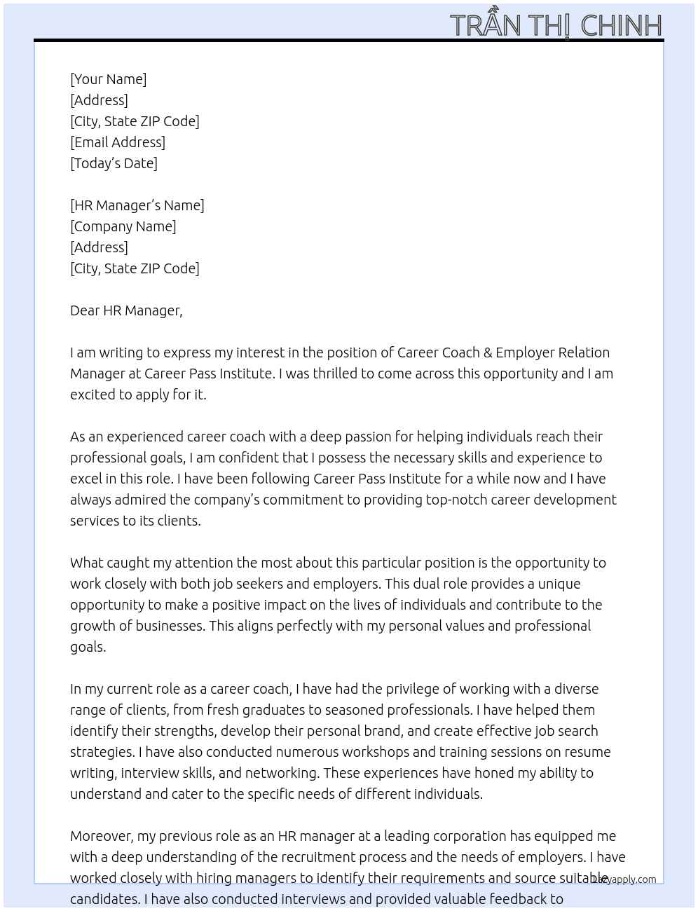 Career Coach & Employer Relation Manager At Career Pass Institute Cover Letter