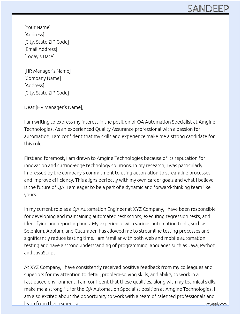 qa Automation specialist At amgine technologies Cover Letter