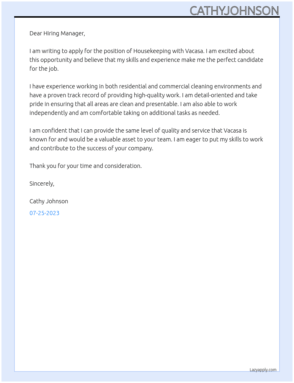 Housekeeping At Vacasa Cover Letter