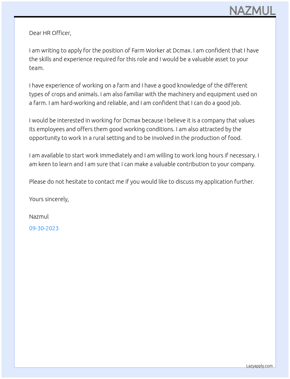 Farm worker At Dcmax  Cover Letter