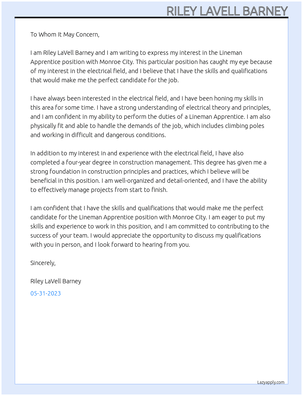Lineman Apprentice At Monroe City  Cover Letter