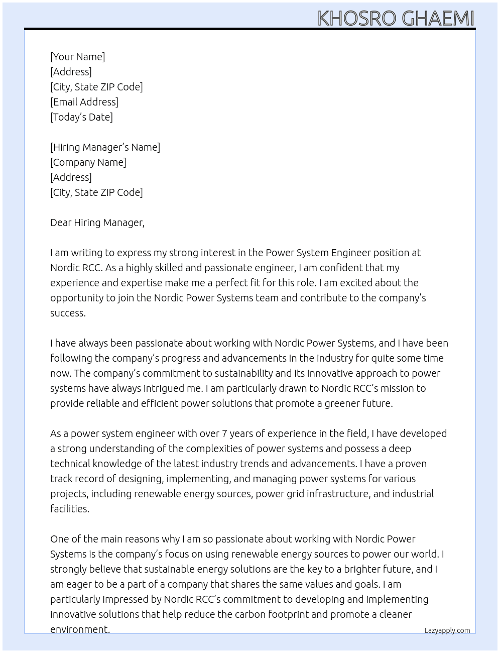Power System Engineer Passioned about Working with Nordic Power Systems At Nordic RCC Cover Letter