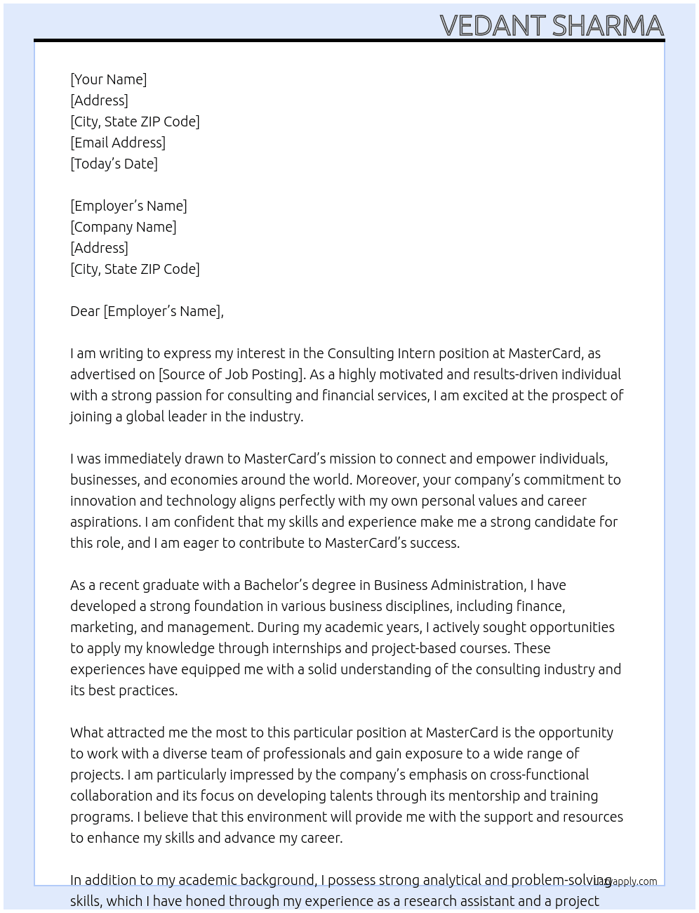 Consulting Intern At MasterCard Cover Letter