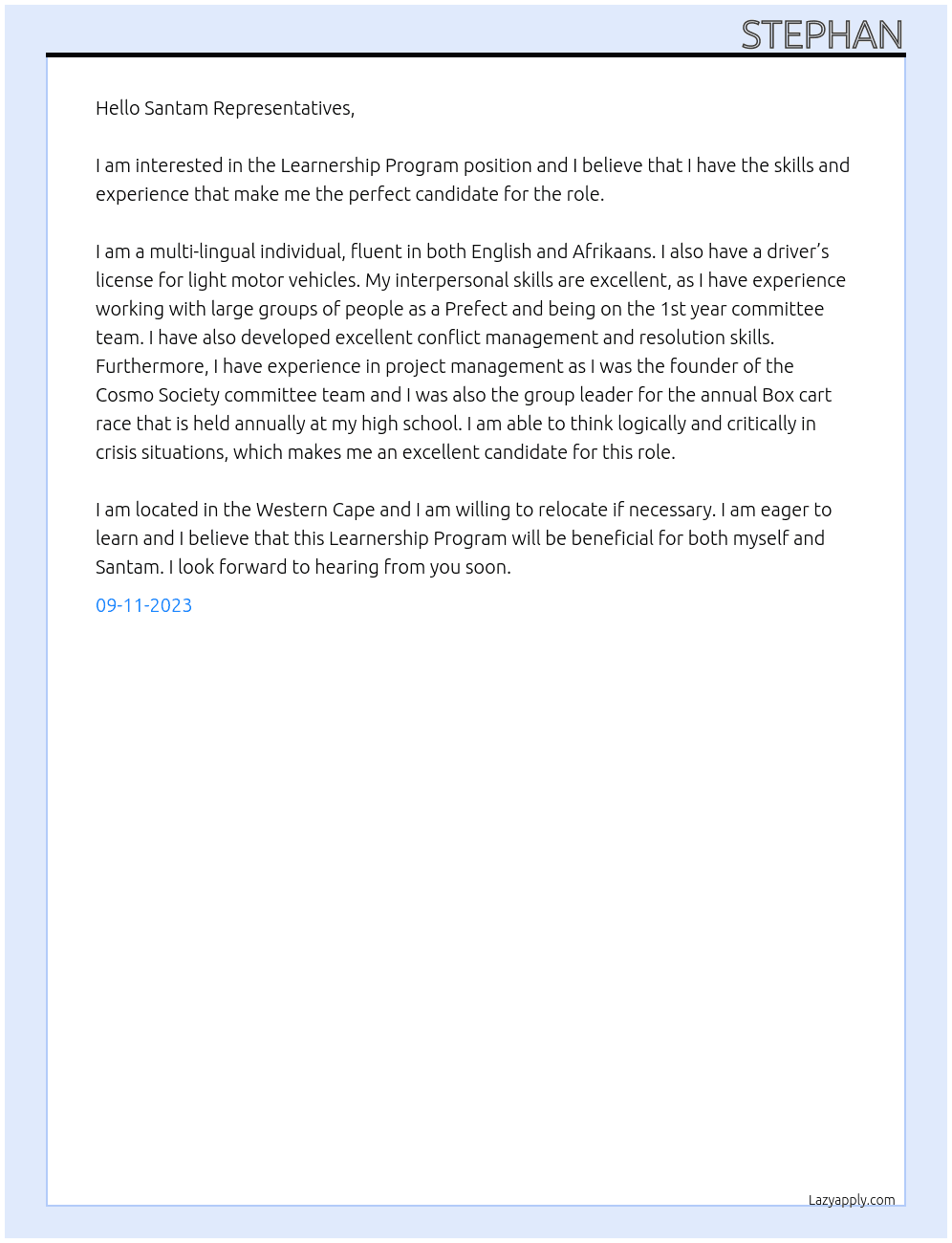 Learnership Program At Santam Cover Letter