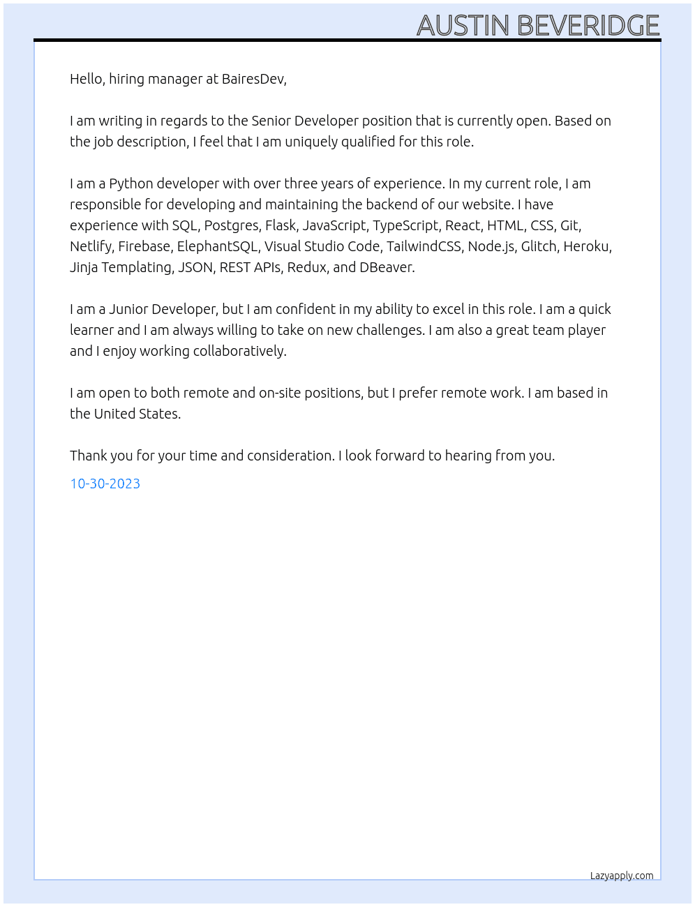 backend python software developer At BairesDev Cover Letter