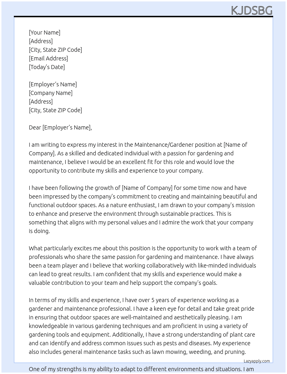 Maintenance/Gardener At lkajdn vsk Cover Letter