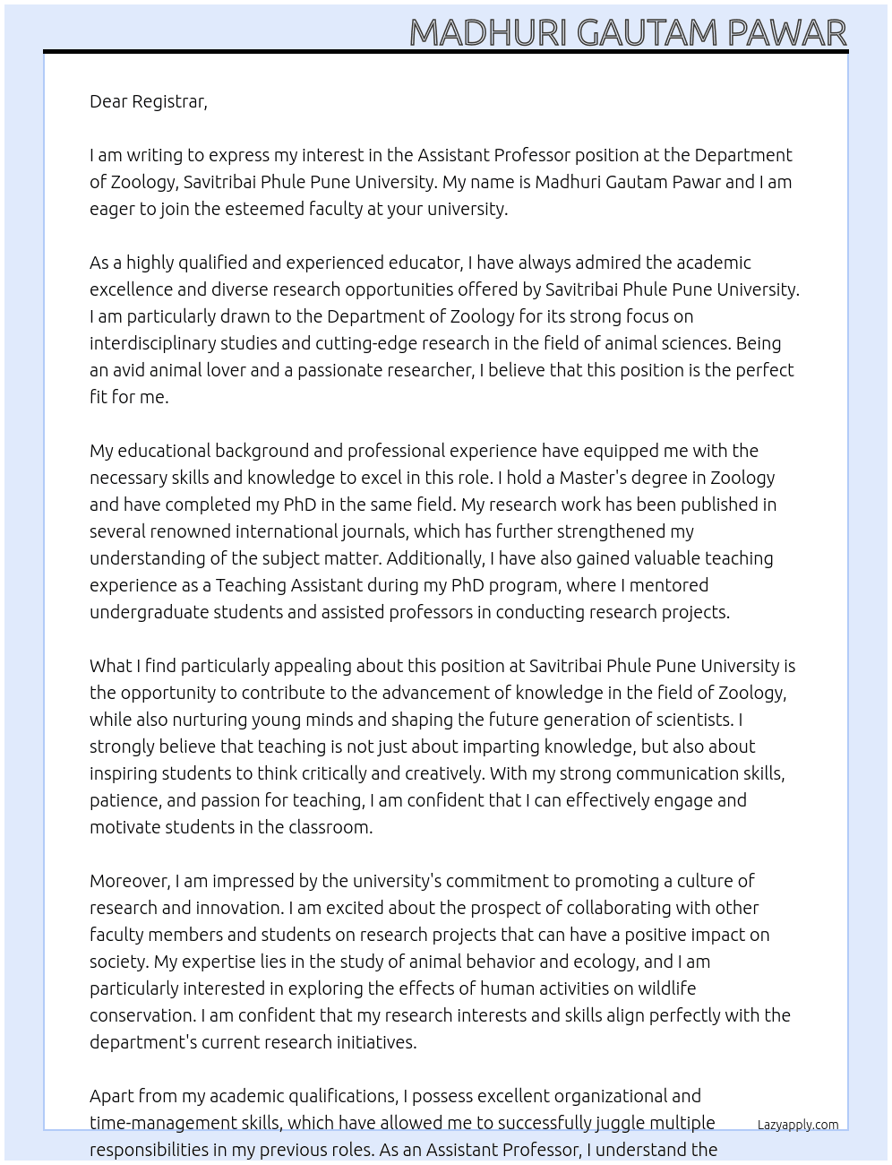 Assistant professor At Department of Zoology, Savitribai Phule Pune University Cover Letter
