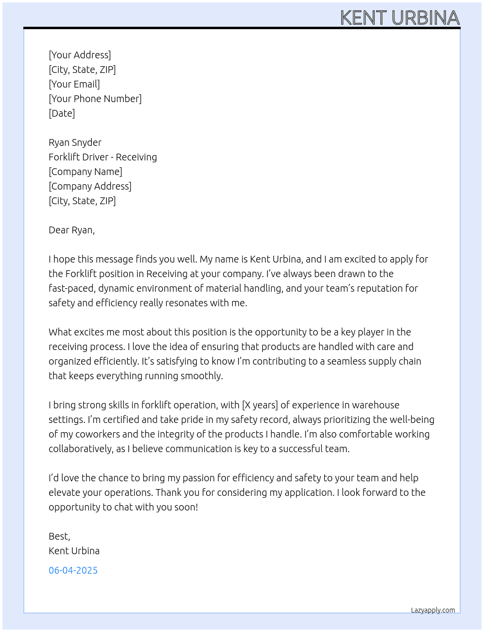 Forklift  At Forklift Driver - Reciving Cover Letter