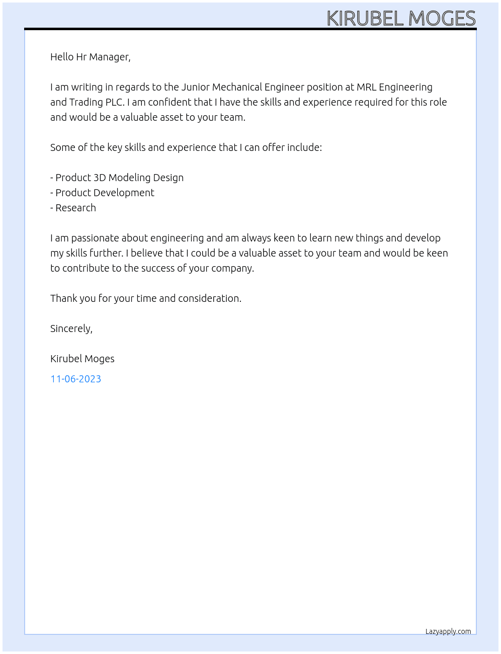Junior Mechanical Engineer At MRL Engineering and Trading PLC Cover Letter