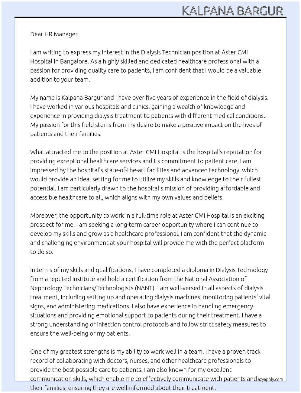 Dialysis technician  At Aster cmi hospital  Cover Letter