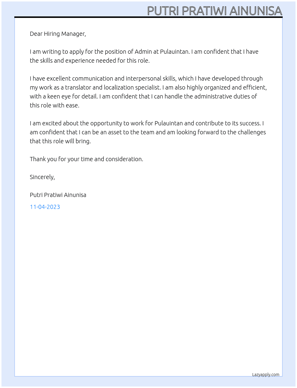 Admin At Pulauintan Cover Letter