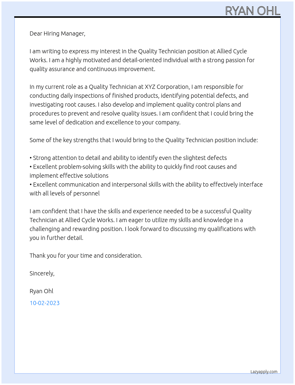 Quality technician At Allied Cycle Works Cover Letter