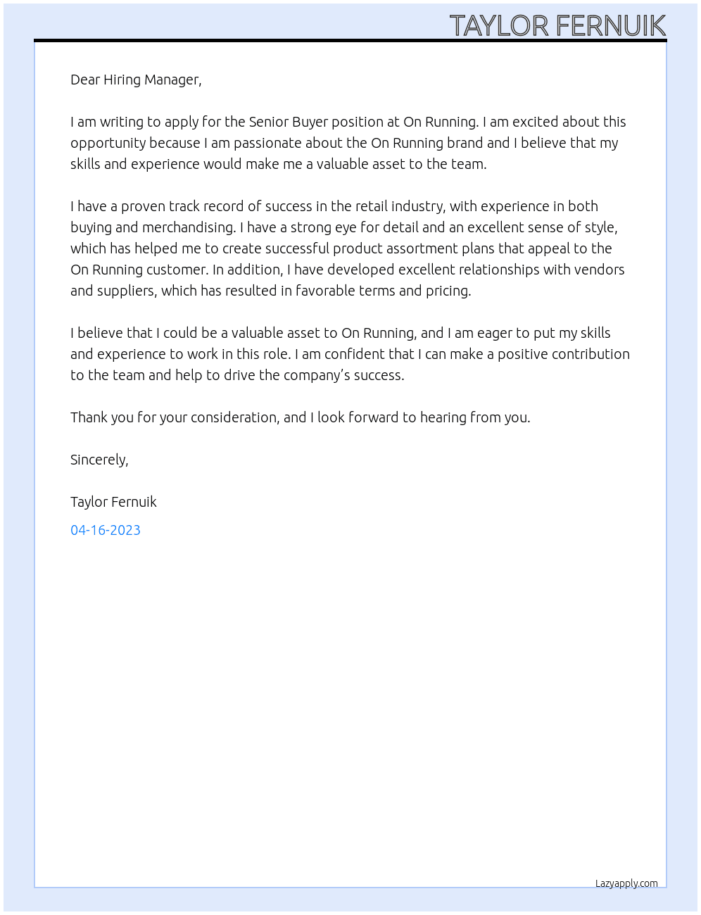 senior buyer At on running Cover Letter