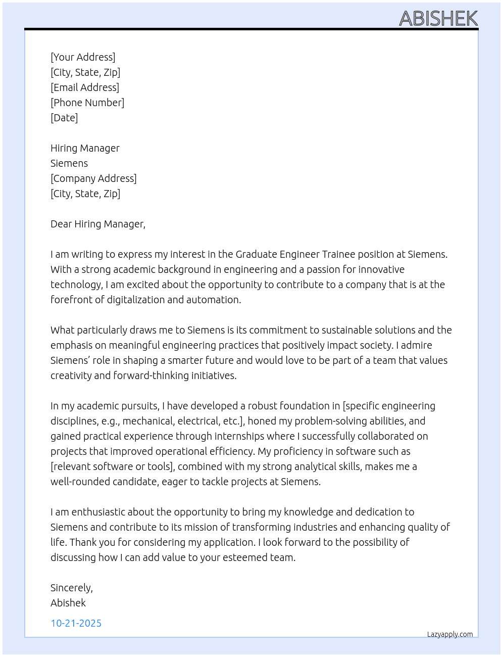 graduate engineer trainee At siemens Cover Letter