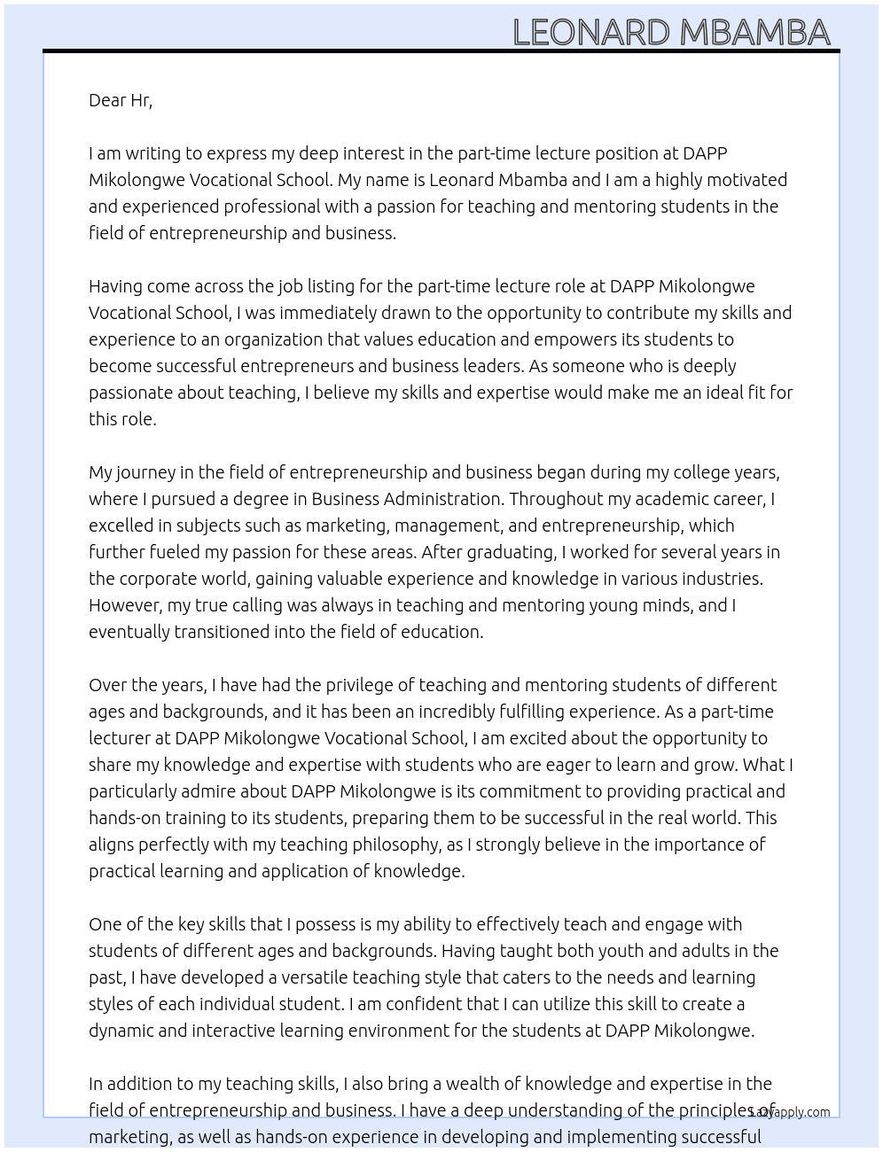 Part time lecture At DAPP Mikolongwe Vocational School  Cover Letter